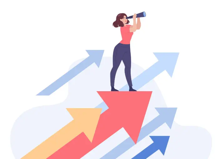 দূরবীন দিয়ে সাফল্যের লক্ষ্য দেখছেন একজন নারী - wbbsenotes.com এর ভবিষ্যৎ পরিকল্পনা।